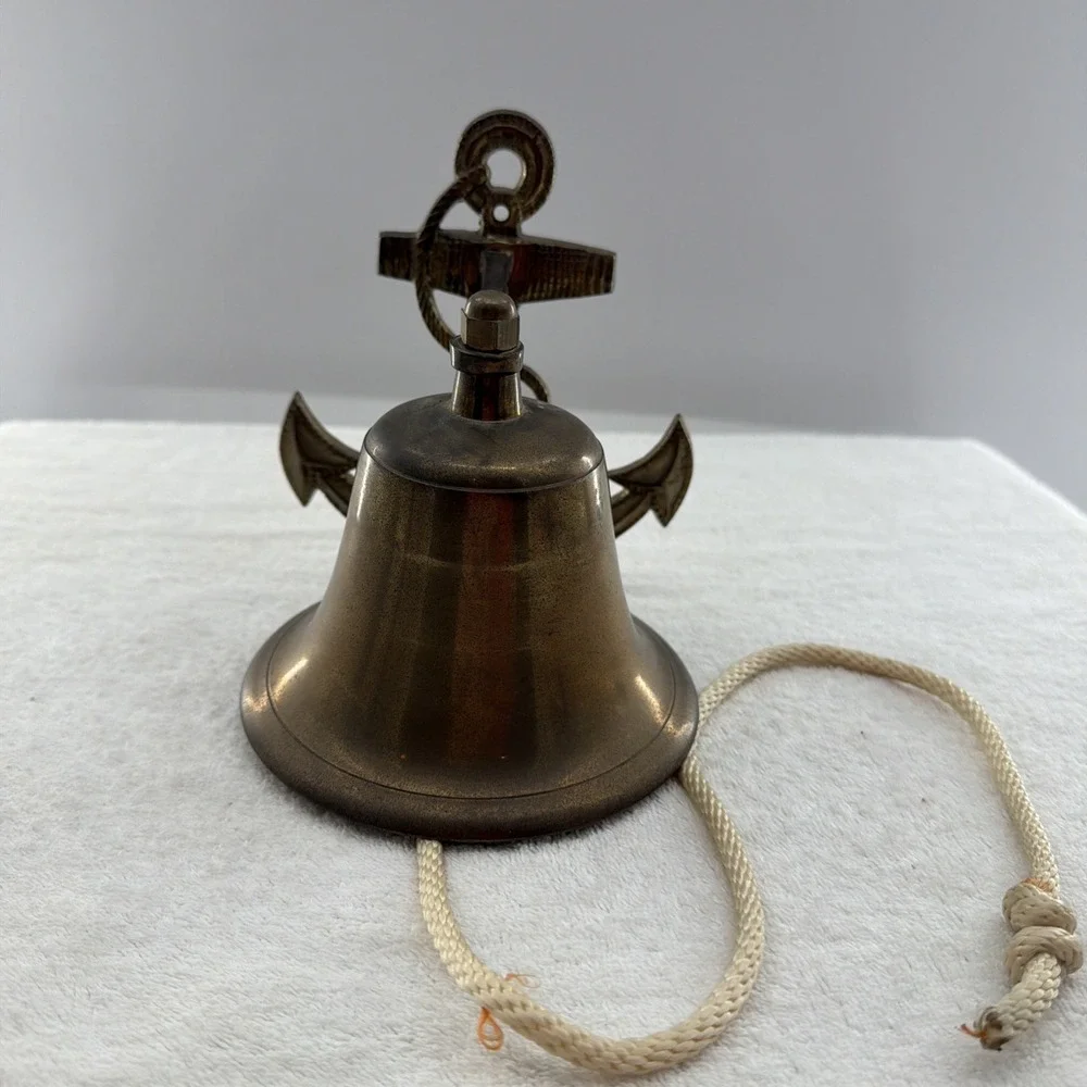 Vintage Antique Anchor Wall Mount Solid Brass Sailor Nautical Ship Bell w Rope
